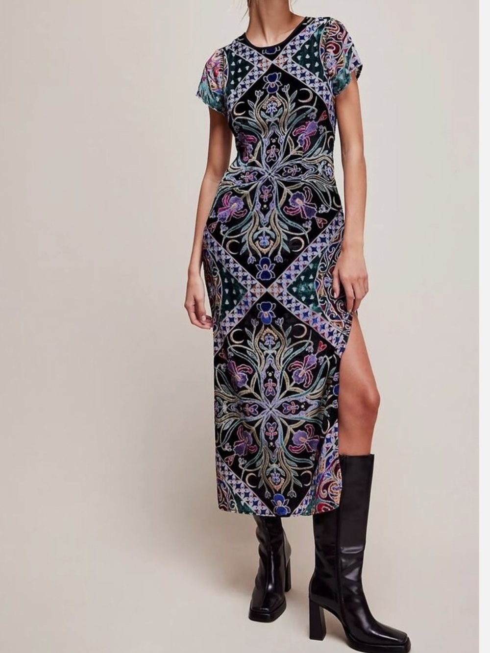 Free People Sz S Dress Iris Velvet Black Multicolour Midi Boho Festival Party - Picture 1 of 12